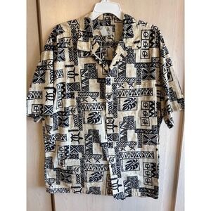 Ho Aloha Hawaiian Shirt Mens Size XL 100% Cotton Tiki Black & Beige S/S Buttons